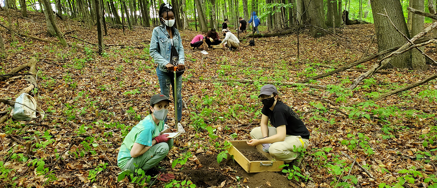 "Several students research soil in a forrest." 